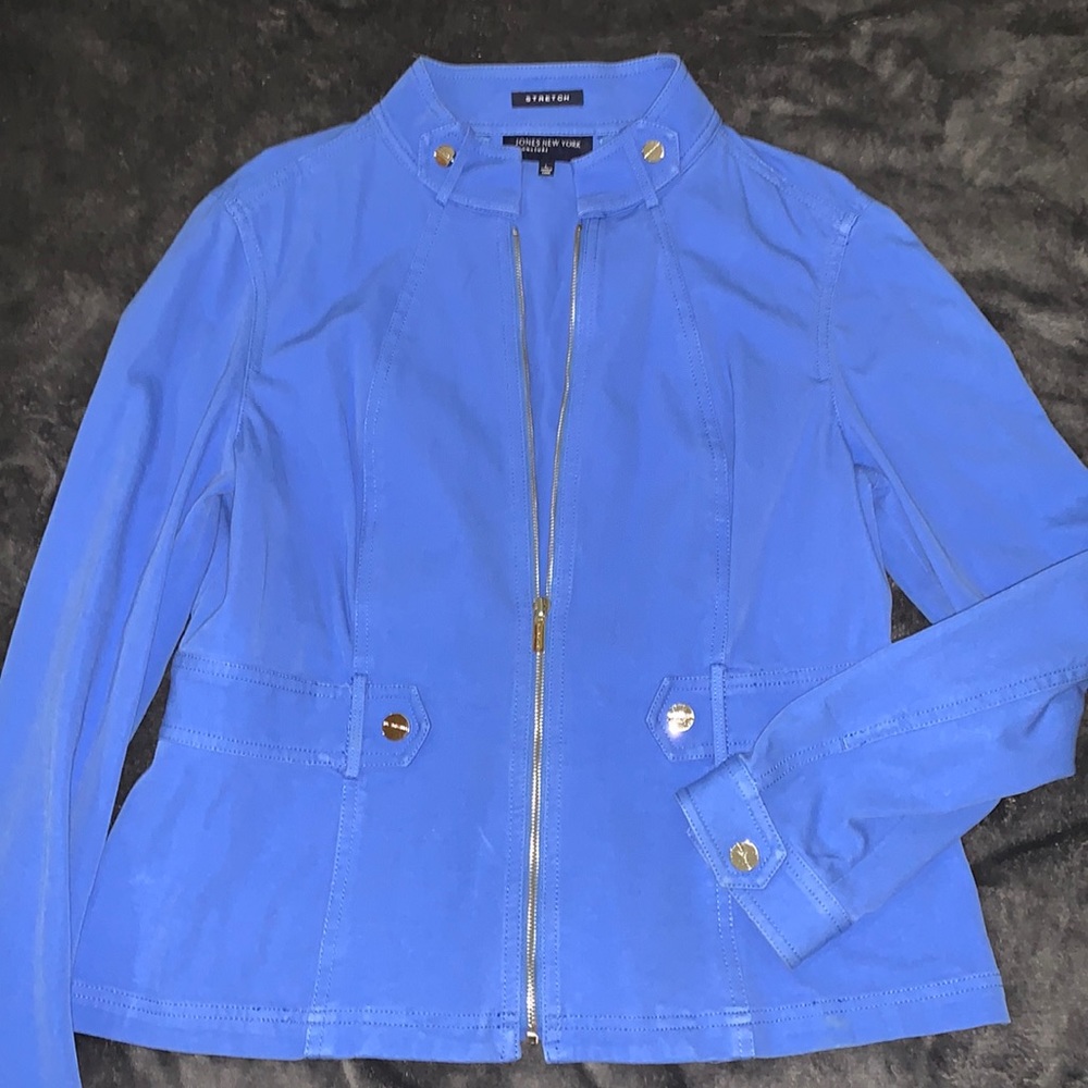 Jones New York signature blue jacket size large stretch zip up flattering waist